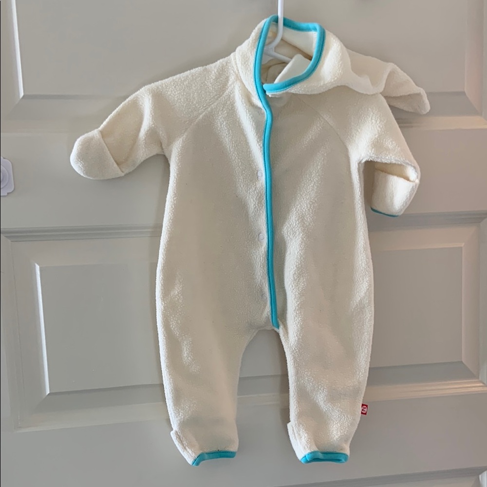 Zutano Fleece Romper Cozy Cream Baby One Piece with Blue Trim